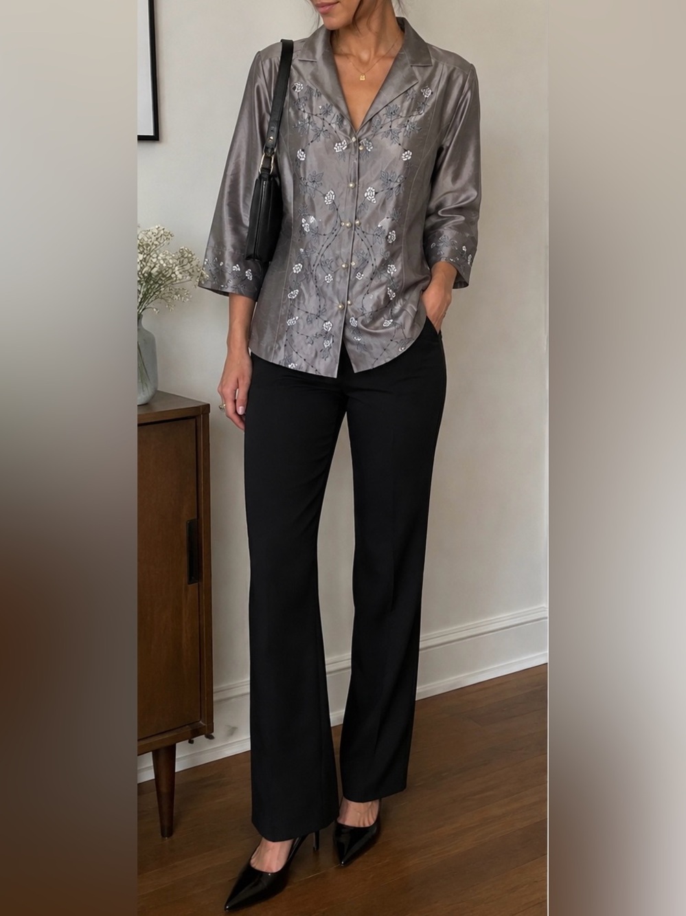 Coco Silk Silver Floral Embroidered Button Jacket Blouse Size L